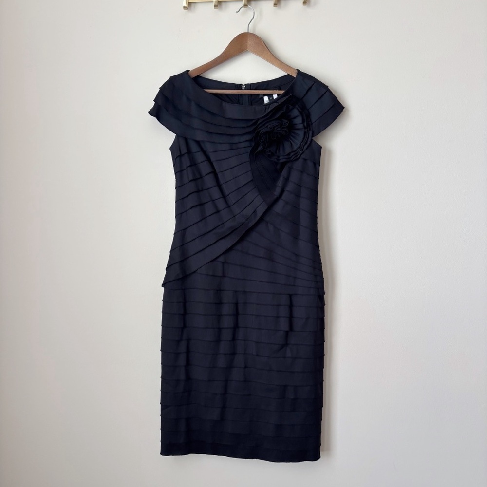 Tadashi Shoji Black Pleated Rosette Sheath Dress Sz 10 LBD